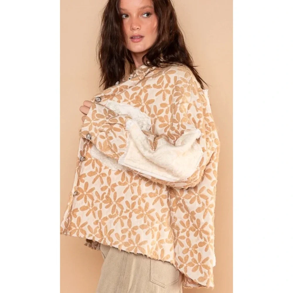 Bad‎ Little Country Girl Floral Pattern Jacquard Shacket Lace Detail Large